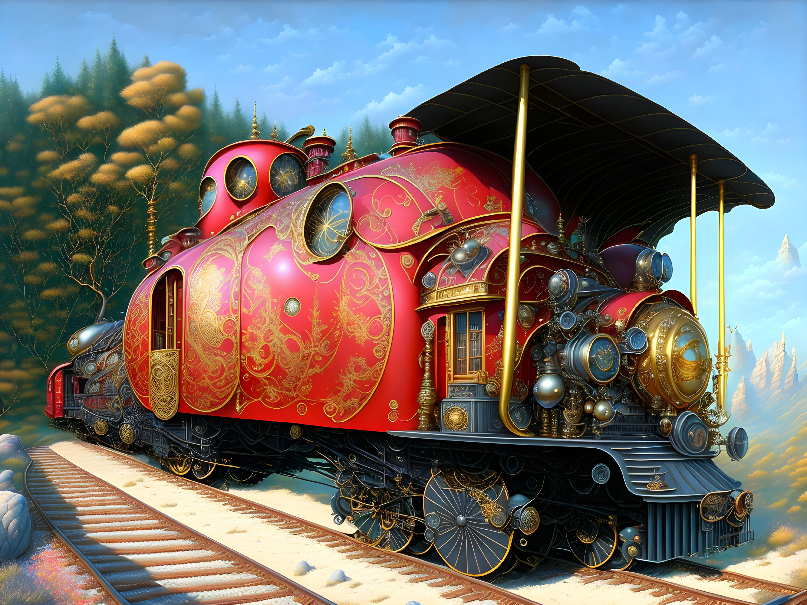 Ornate Red and Gold Steam Train at Station with Scenic Landscape