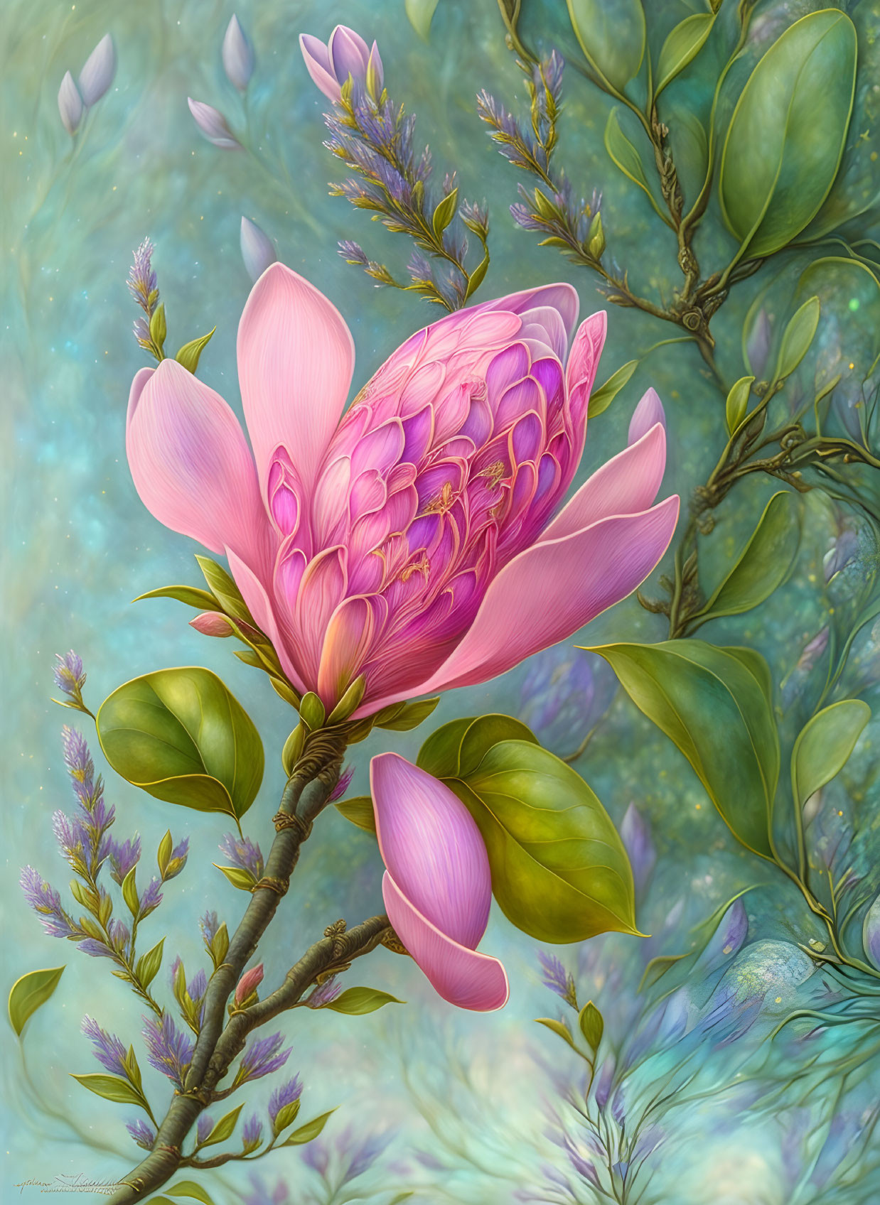 Detailed Vibrant Pink Protea Flower Illustration with Green Foliage and Blue Blossoms