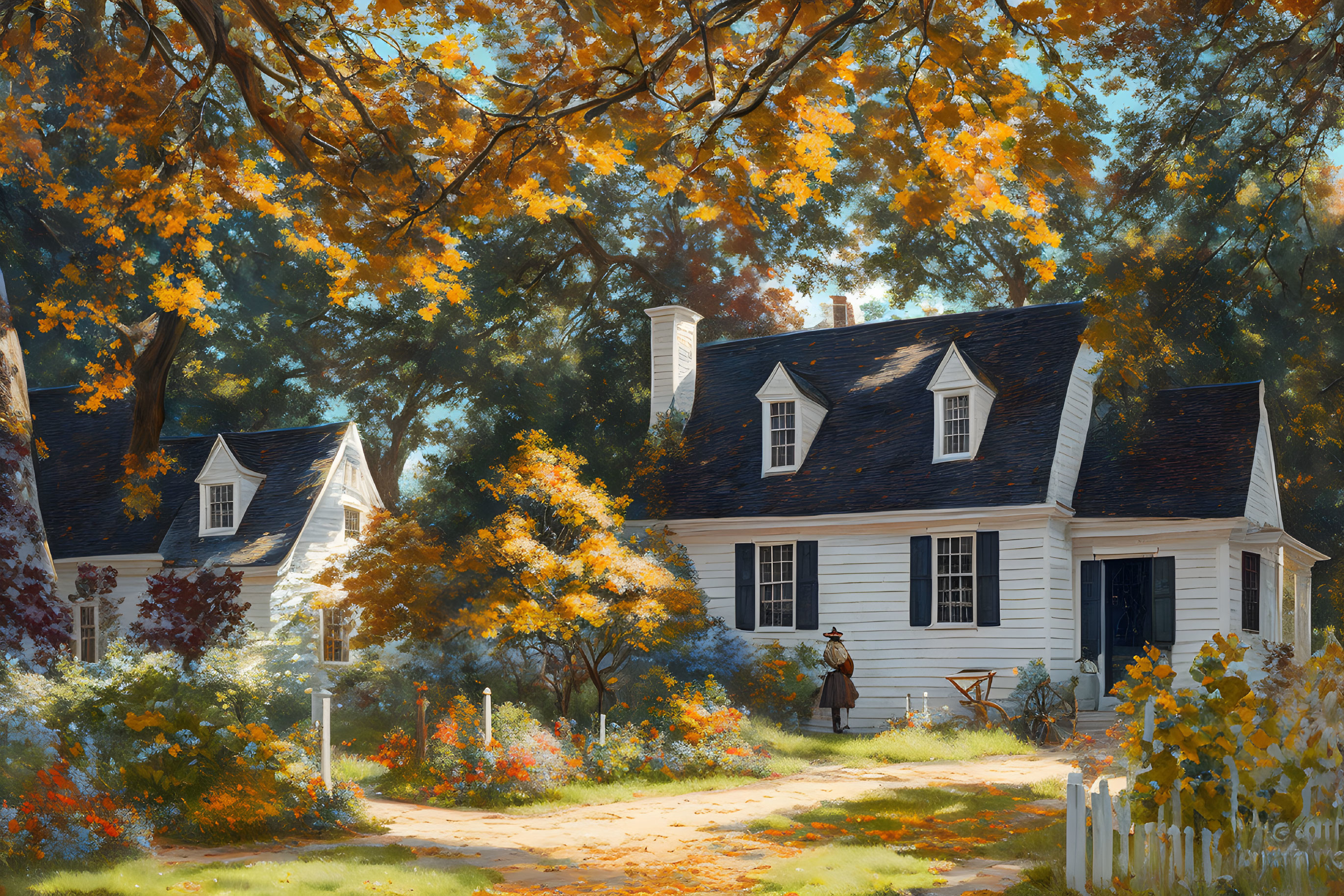 White Cottage Surrounded by Autumn Foliage and Winding Path