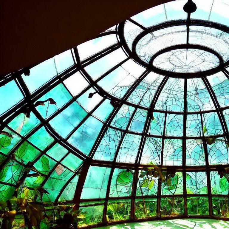 Intricate Metal-Framed Glass Dome with Green Tinge and Silhouetted Leaves