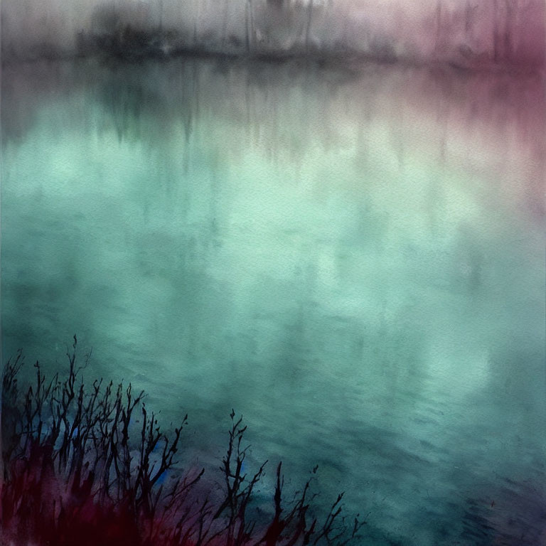 Blurred reflections of trees on misty lake with dark branches - Moody atmosphere