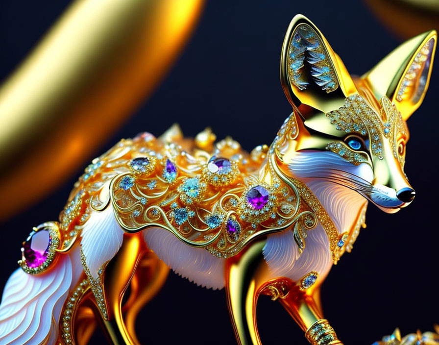 Intricate golden fox adorned with gemstones on dark background