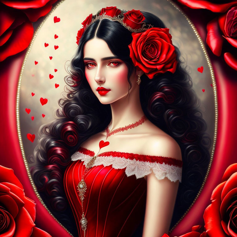 Illustration of pale woman in red dress with rose motifs