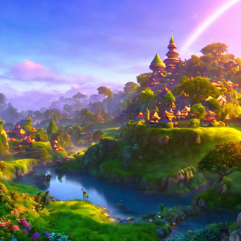 Colorful fantasy landscape with rainbow, lush greenery, lake, and whimsical structures