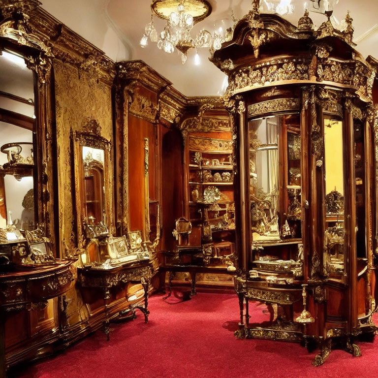 Luxurious Baroque Style Room with Wooden Furniture and Rich Red Carpeting