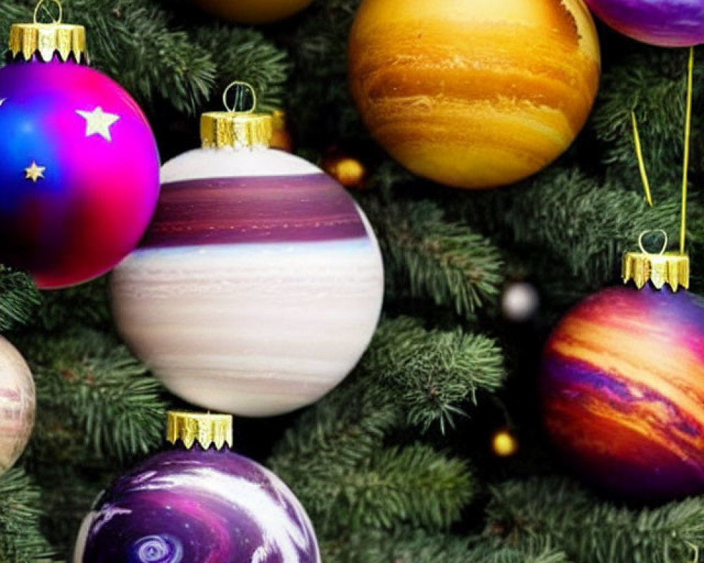 Colorful planetary ornaments on Christmas tree with celestial theme