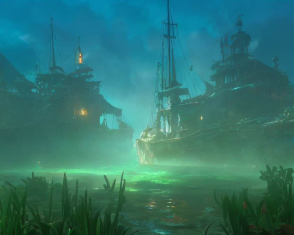 Mysterious ship graveyard in mist with ghostly green light and abandoned ships.