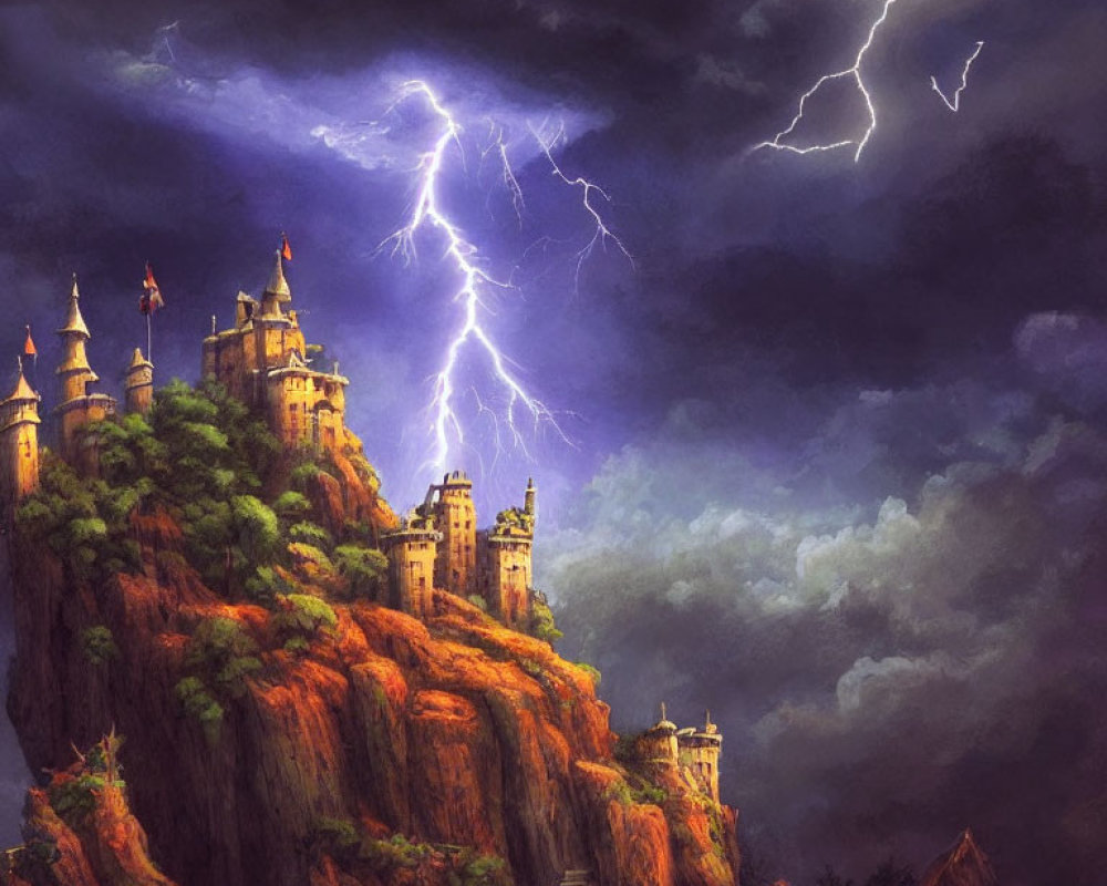 Foreboding castle on craggy cliff under purple sky