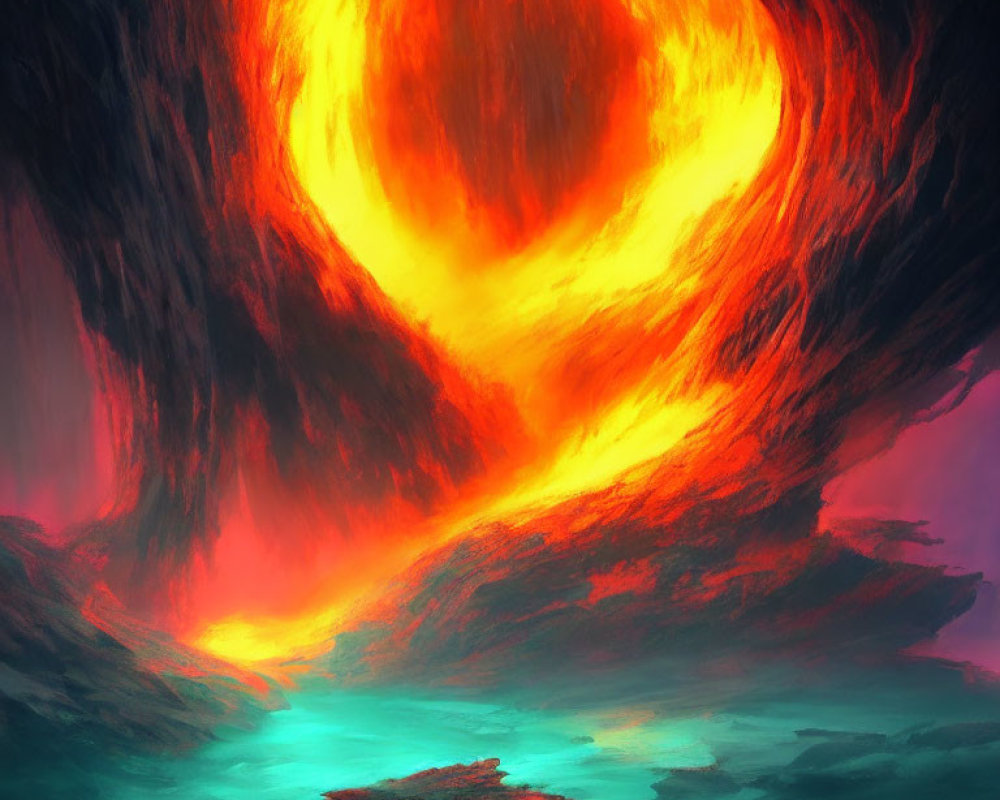 Colorful digital artwork: Fiery sky over aqua marine sea