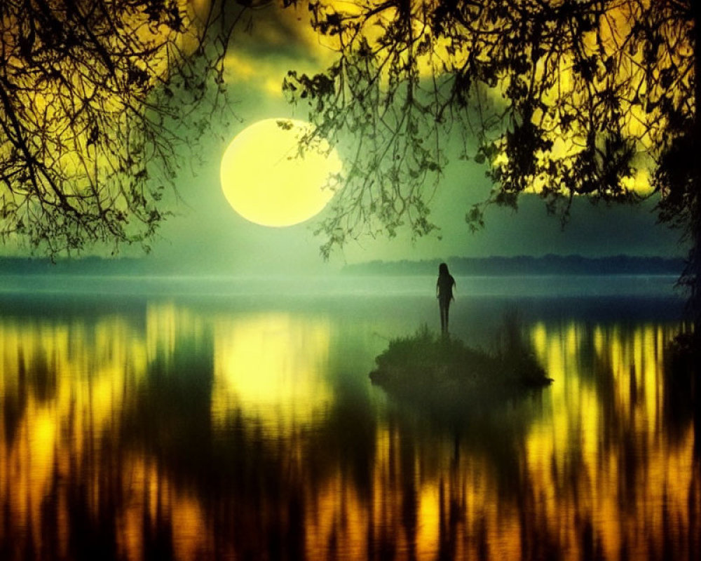 Silhouette of person on island under tree gazing at yellow moon reflected in water