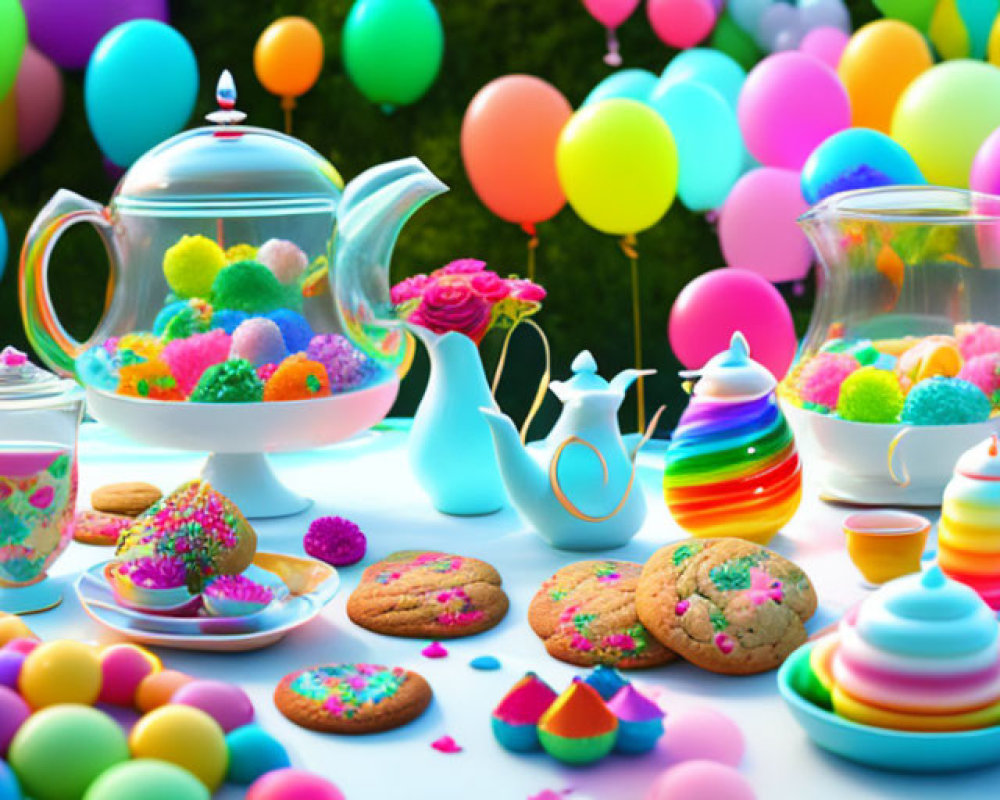 Colorful Balloon Tea Party Setup with Sweets and Teapot in Outdoor Setting