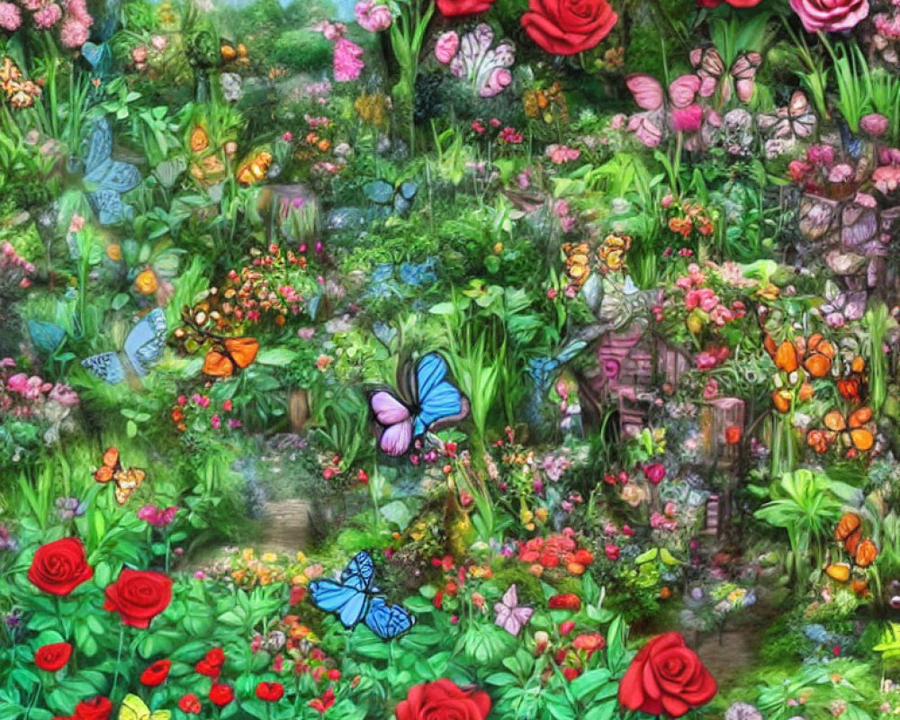 Colorful Garden Scene with Red Roses and Butterflies