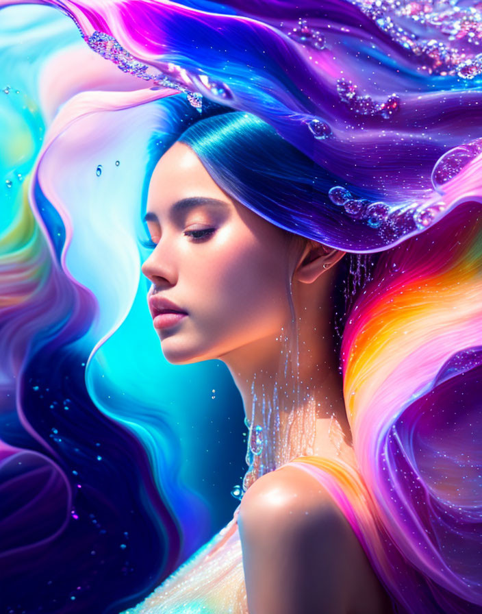 Vibrant digital artwork: Woman with flowing blue, purple, and pink hair