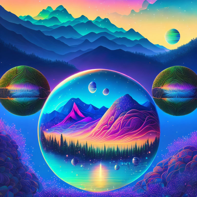 Vibrant digital artwork of surreal landscape with mountains, forest, and reflective spheres under neon night sky