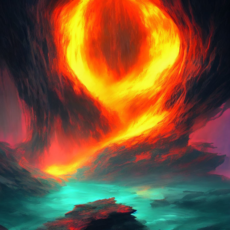 Colorful digital artwork: Fiery sky over aqua marine sea