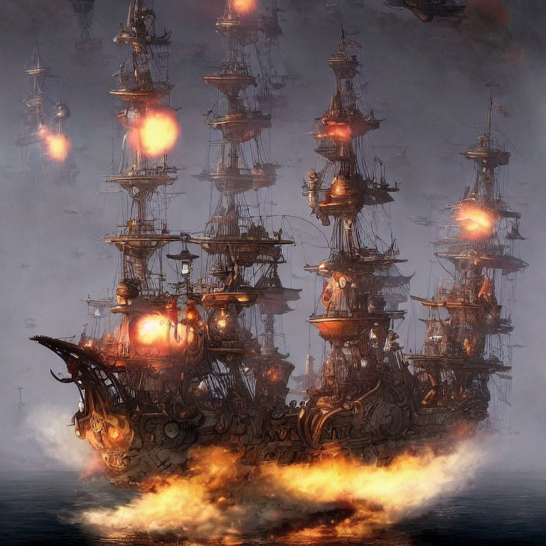 Fantastical steampunk ships in fiery sea battle