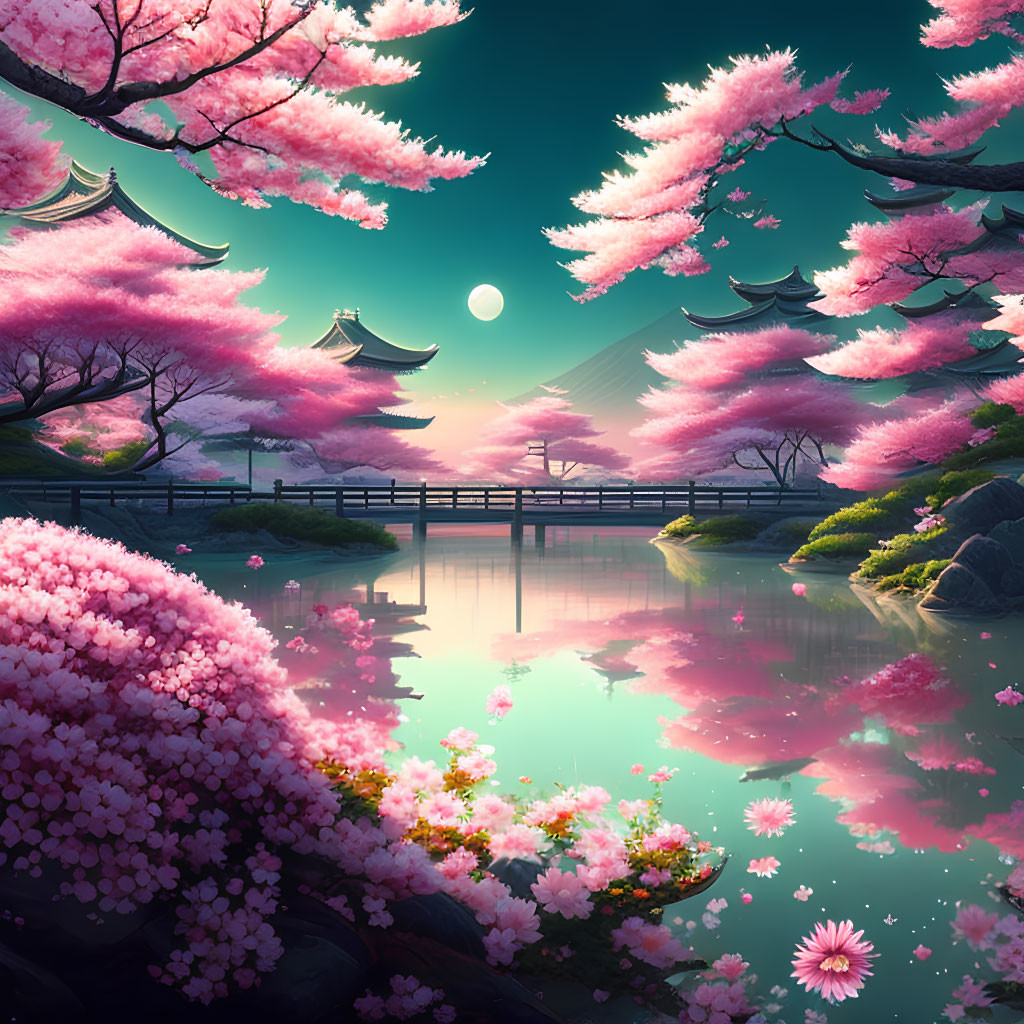 Tranquil cherry blossom scene with pagoda buildings and full moon