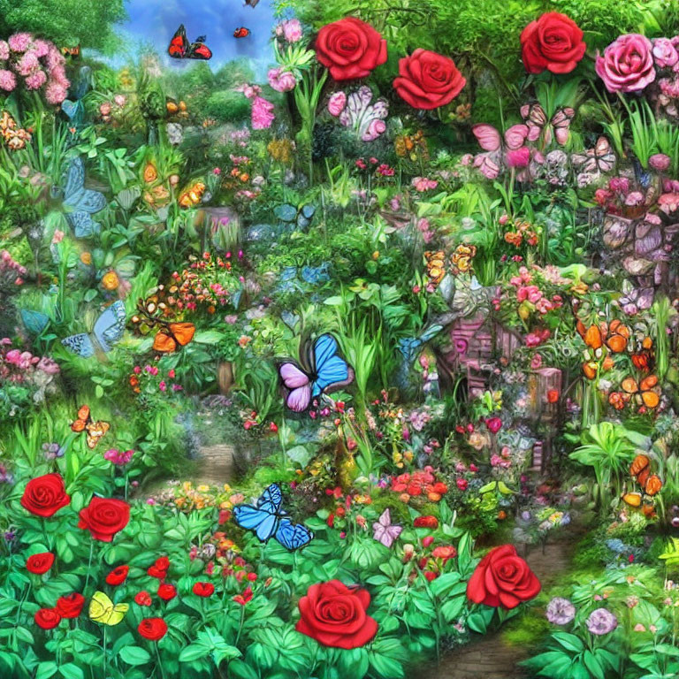 Colorful Garden Scene with Red Roses and Butterflies