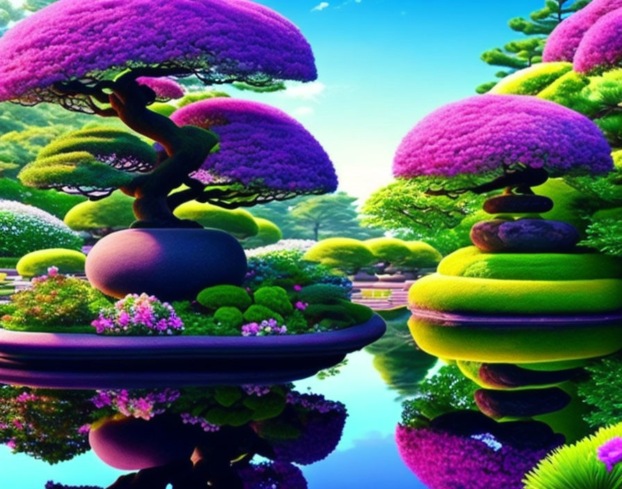 Fantastical landscape with purple foliage trees and floating rocks above water.