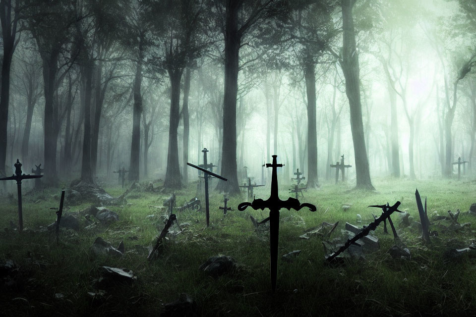 Foggy graveyard with crosses and tombstones among shadowy trees