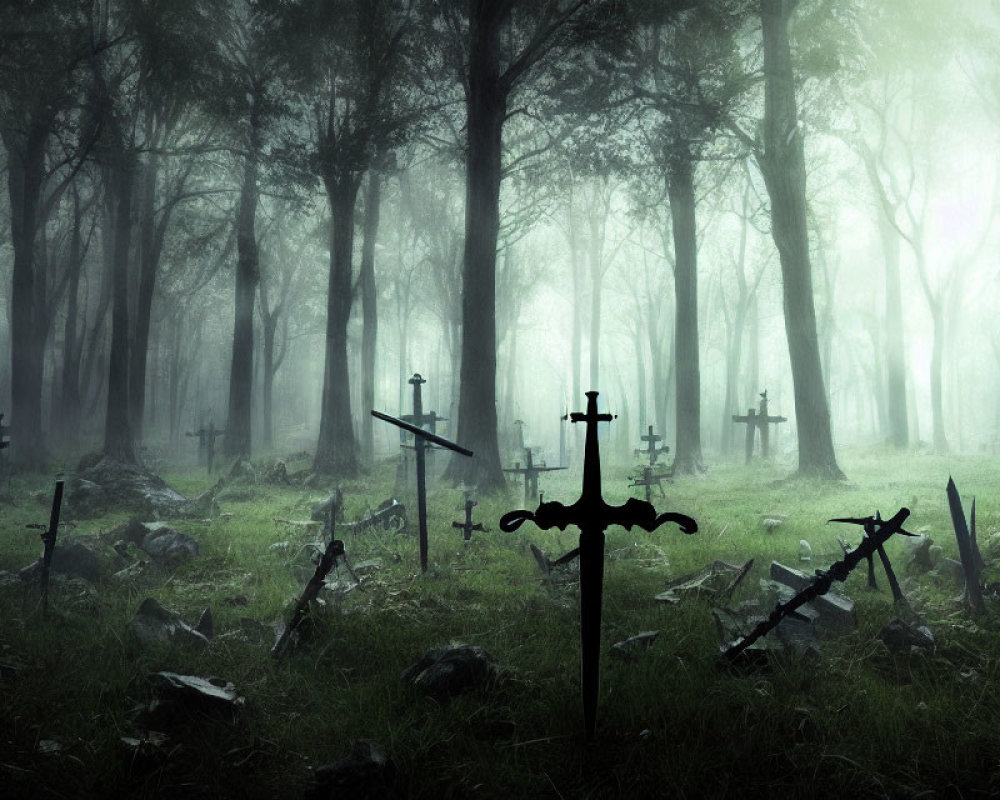 Foggy graveyard with crosses and tombstones among shadowy trees