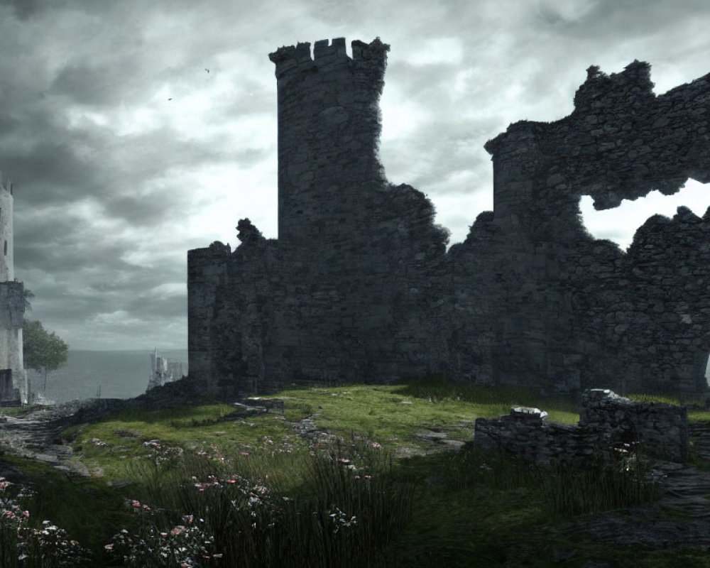 Medieval castle ruins on a cloudy day with overgrown grass and birds flying.