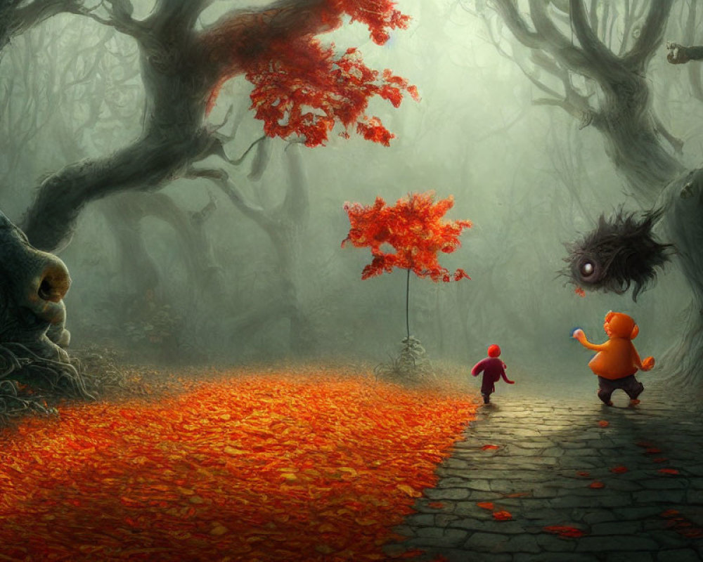 Cartoon characters in autumn forest with floating orb creature