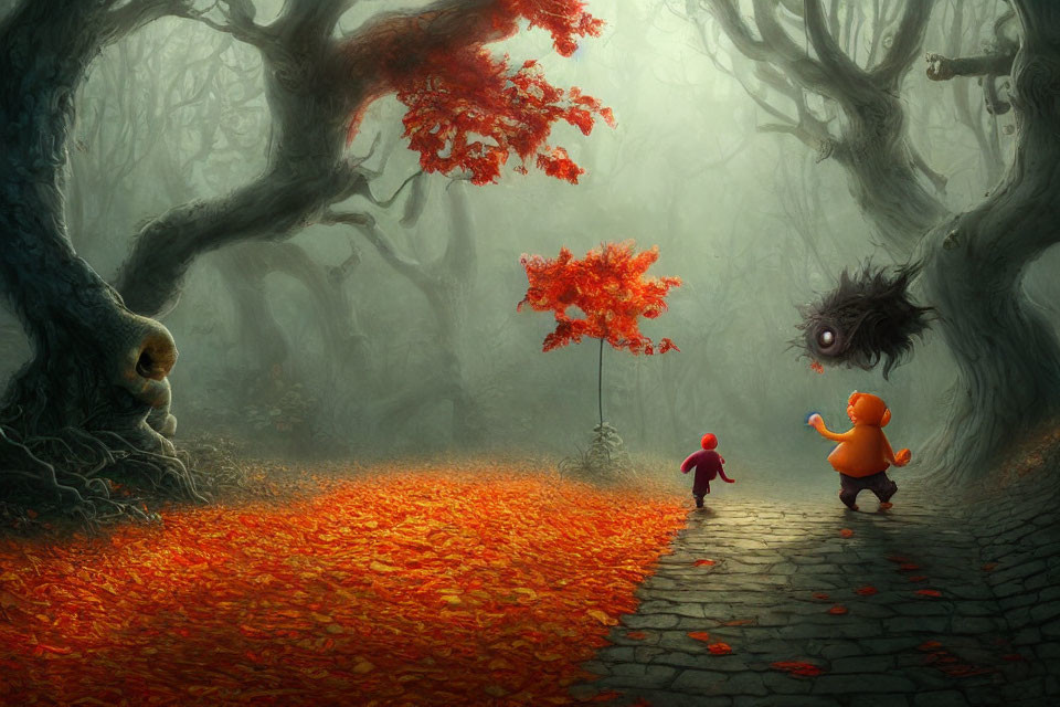 Cartoon characters in autumn forest with floating orb creature