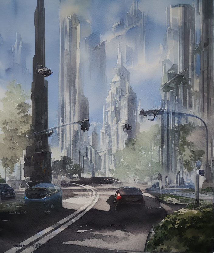 Futuristic cityscape watercolor with flying cars and skyscrapers