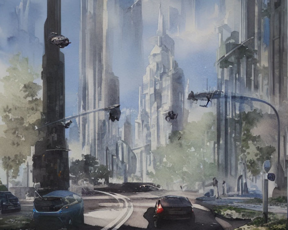 Futuristic cityscape watercolor with flying cars and skyscrapers