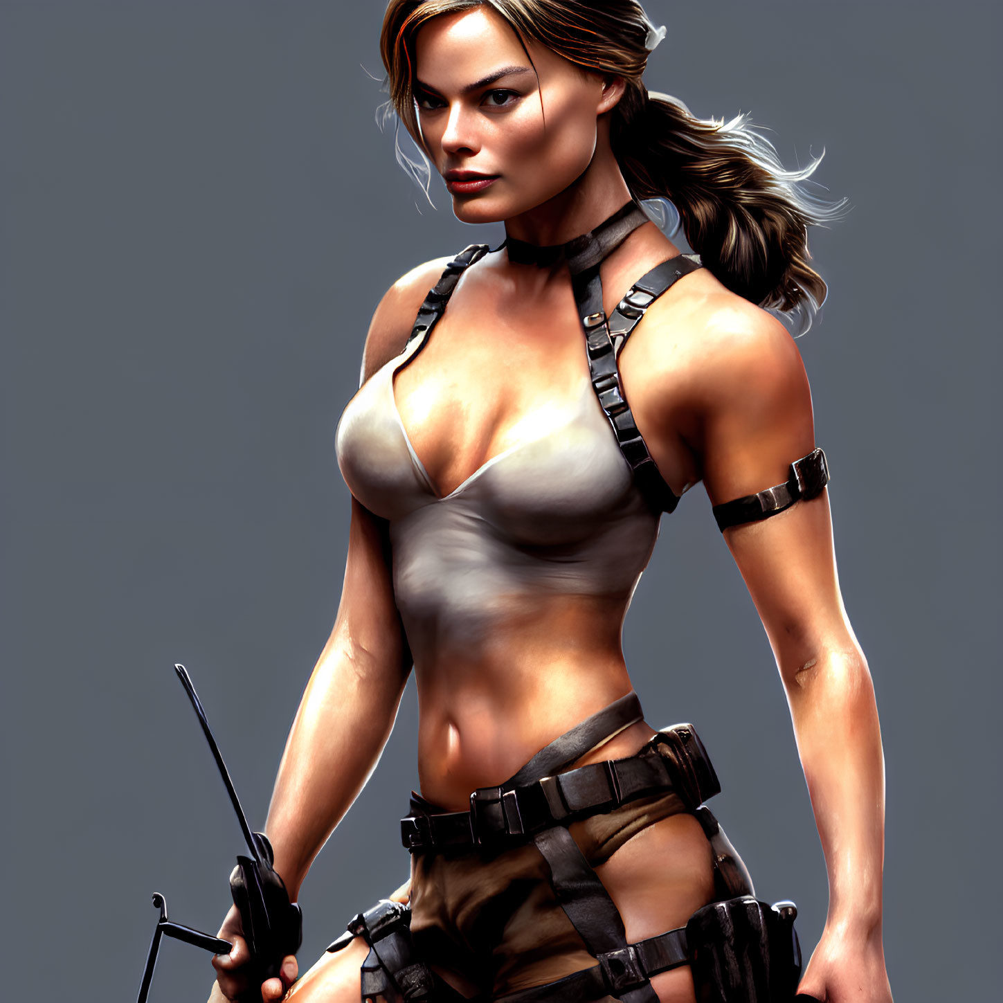 3D rendered image of strong female character in tank top and tactical gear