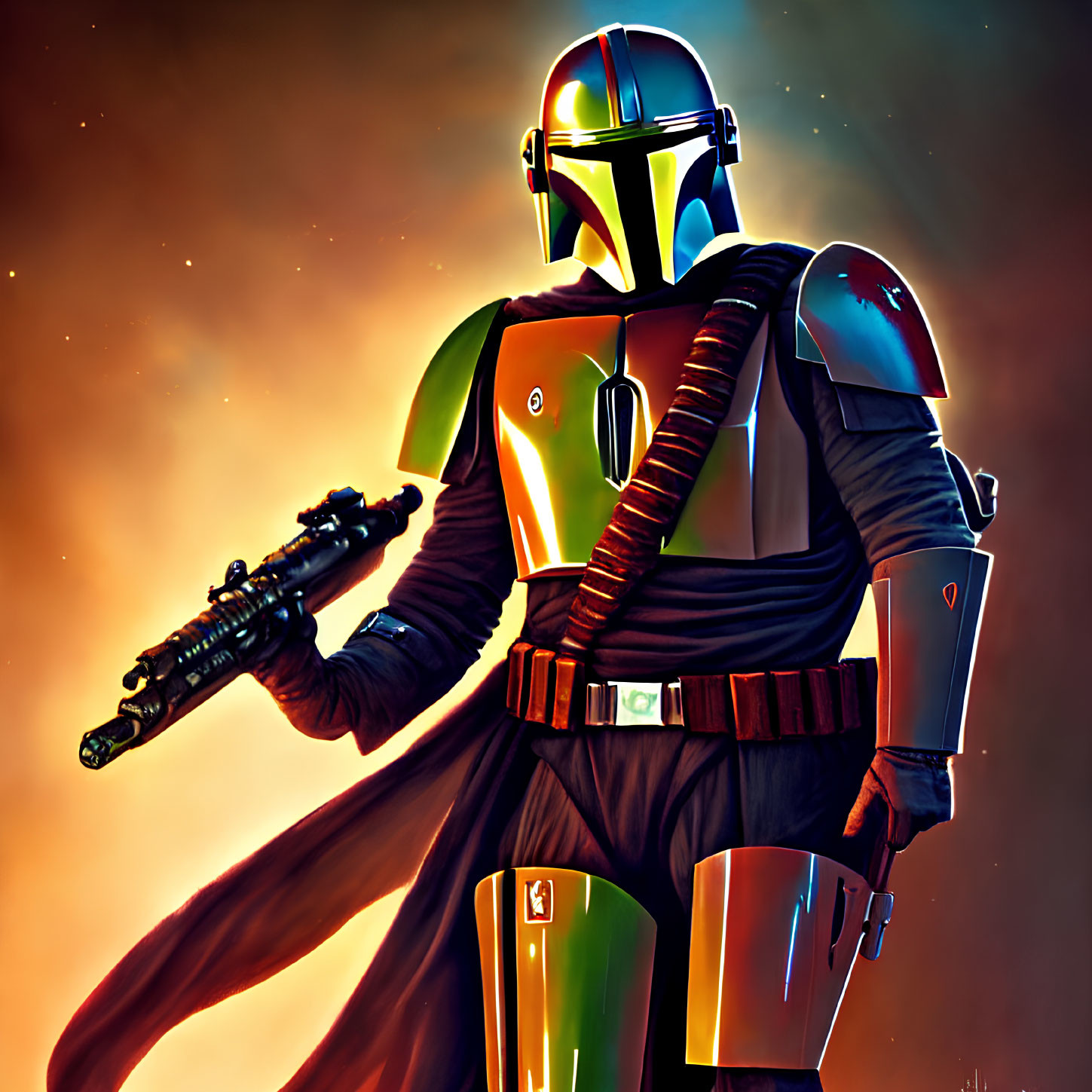 Colorful Mandalorian illustration in armor with blaster against orange-red backdrop