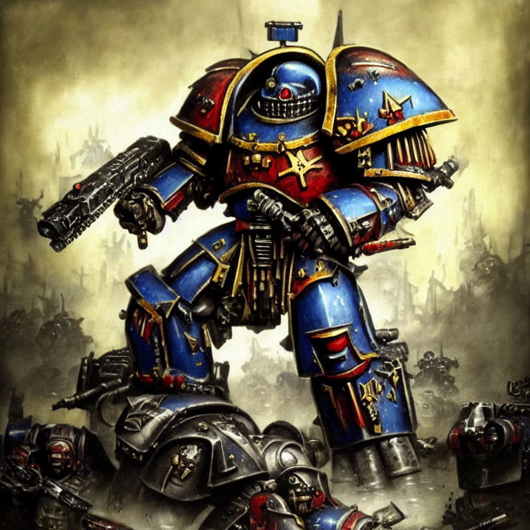 Blue and Red Armored Mechanical War Suit with Skull Motif in Smoky Battlefield