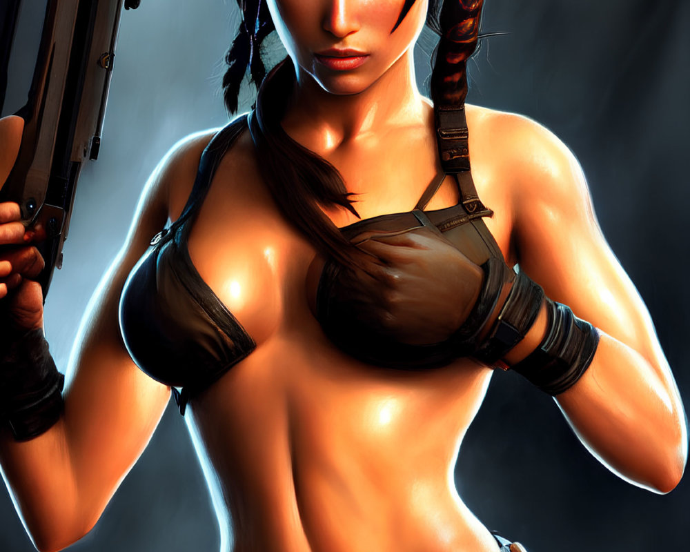 Muscular female character in dark setting with weapon and black bikini top