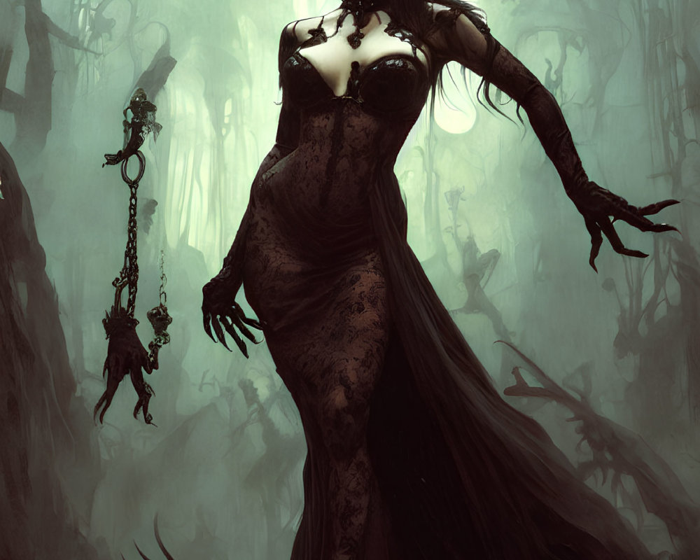 Gothic fantasy illustration of a woman in ethereal dress with sinister ambiance