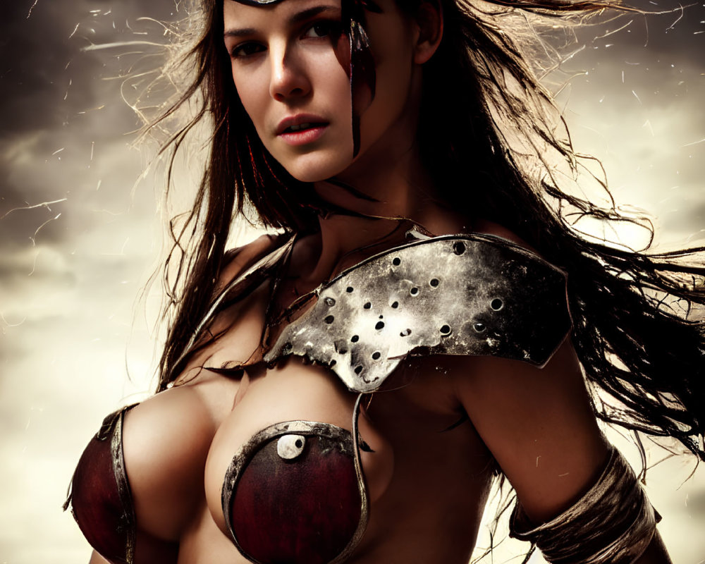 Warrior woman in metal armor with flowing dark hair under dramatic sky