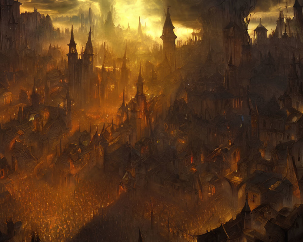 Fantasy cityscape with towering spires and glowing windows