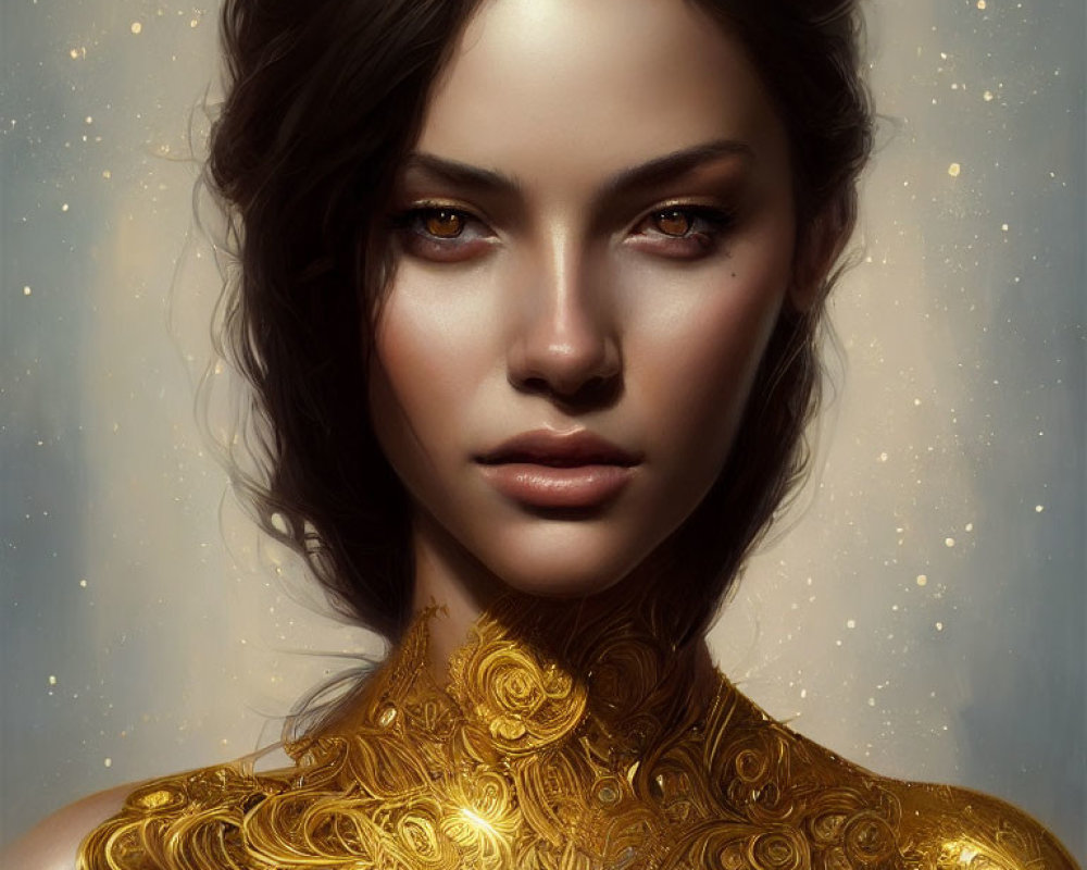 Detailed Digital Art Portrait: Woman with Gold Neckpiece, Hazel Eyes, Stars in Brown Hair