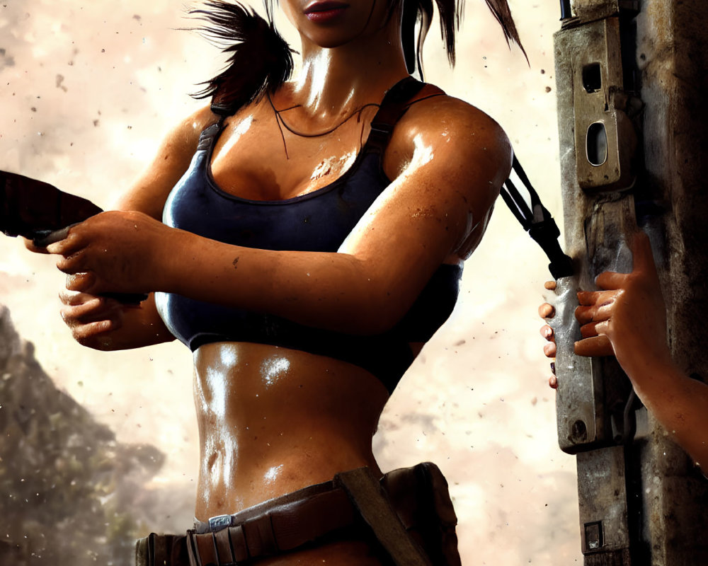 Digital artwork of female character with ponytail, tank top, and holster leaning against worn wall.