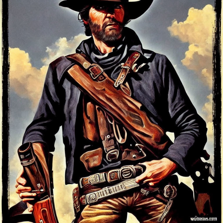 Cowboy with Rifle, Revolver, and Ammo Belt on Cloudy Sky Background