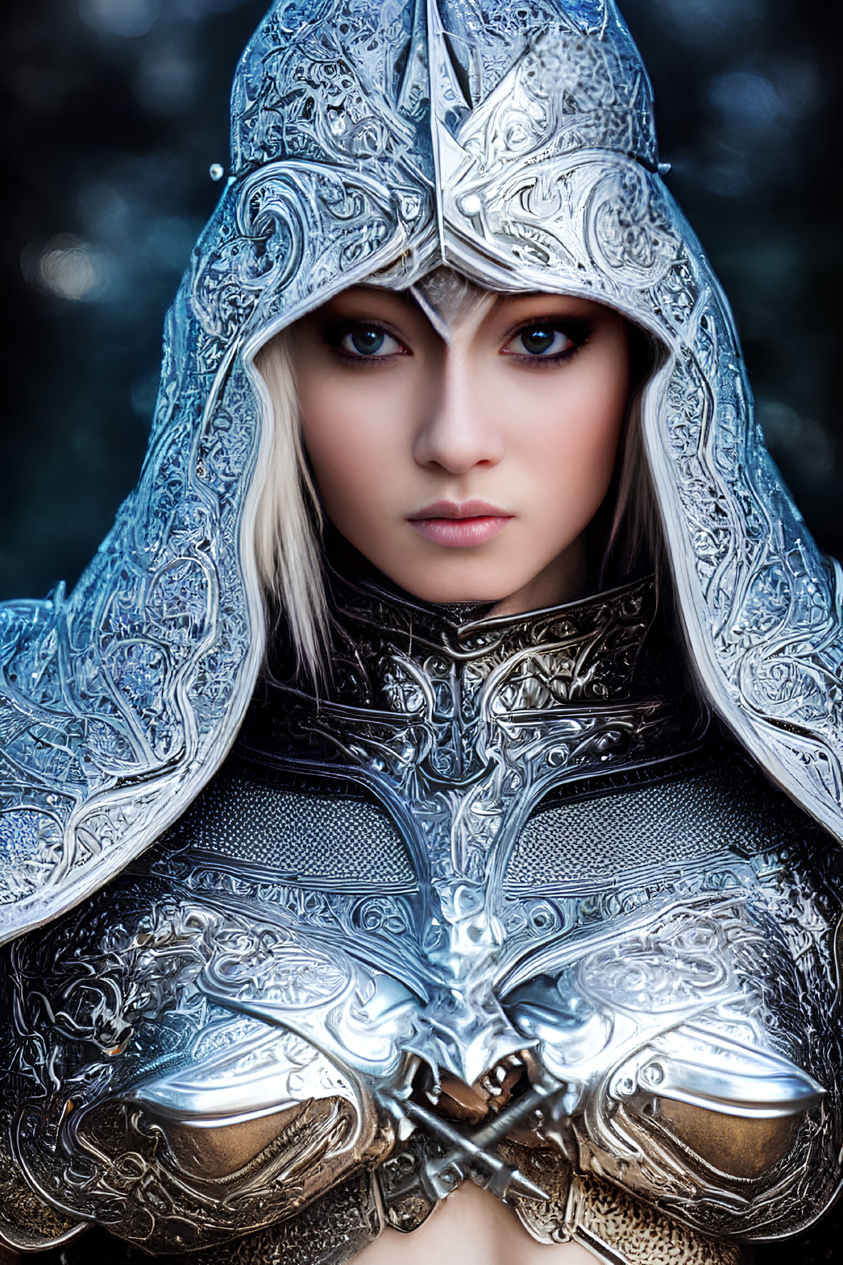 Fantasy armor with intricate silver designs and blue-eyed figure