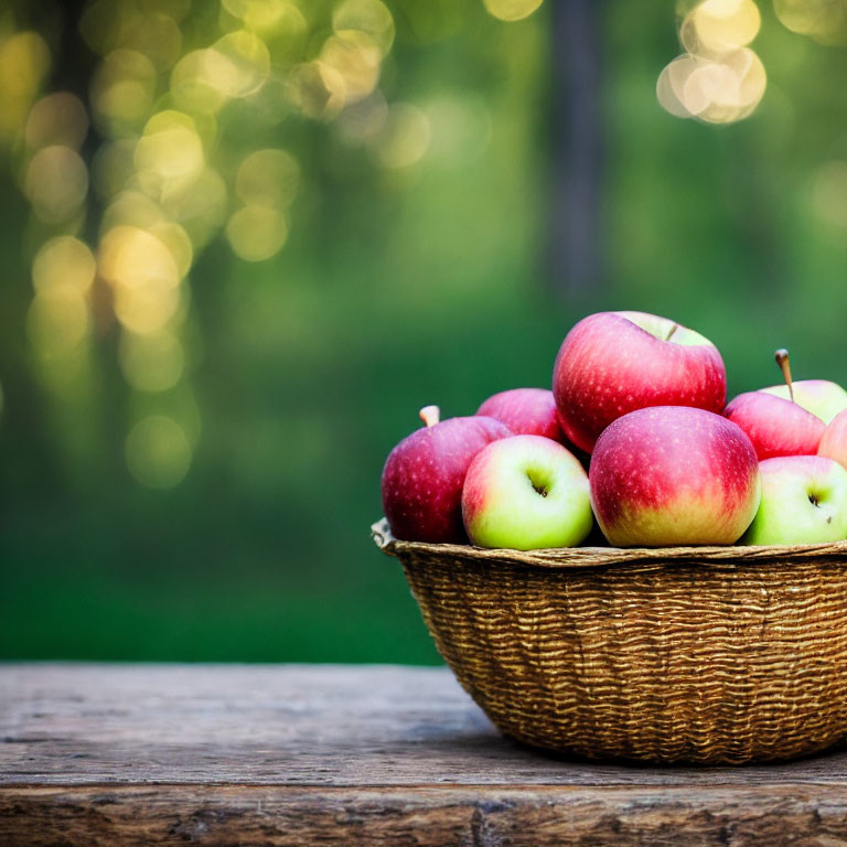 Basket of Red Apples on Wooden Surface with Green Foliage Background