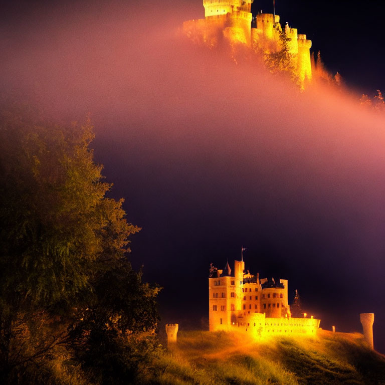 Majestic castle and hillside fortress illuminated in foggy night landscape