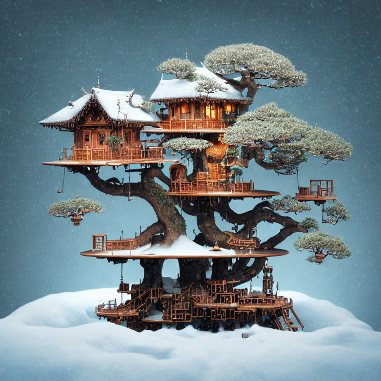 Whimsical digital artwork of a treehouse in a snowfall