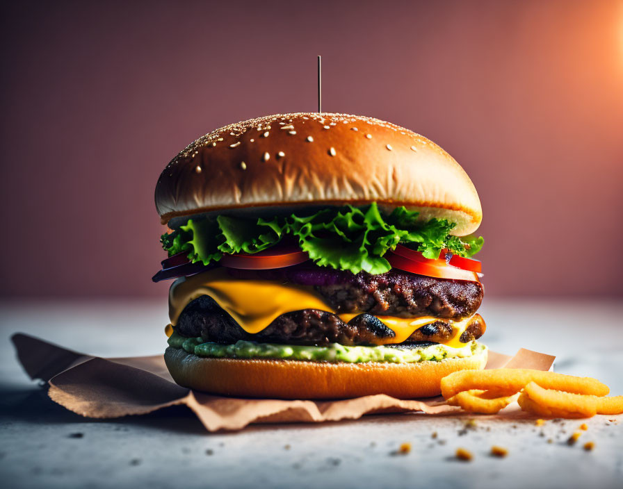 Delicious Cheeseburger with Onion Rings on Paper Surface