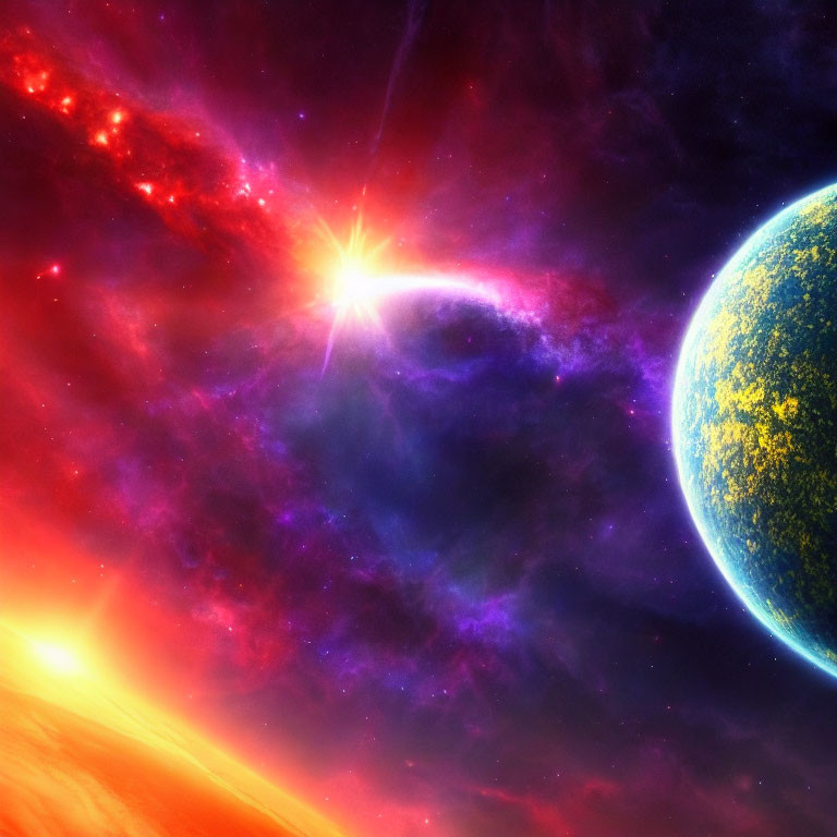 Colorful space scene with starburst, nebula, planet, and cosmos