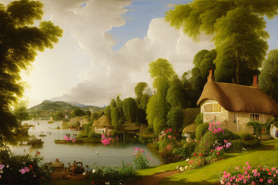 Tranquil landscape with thatched cottage, lush greenery, serene lake, and boats