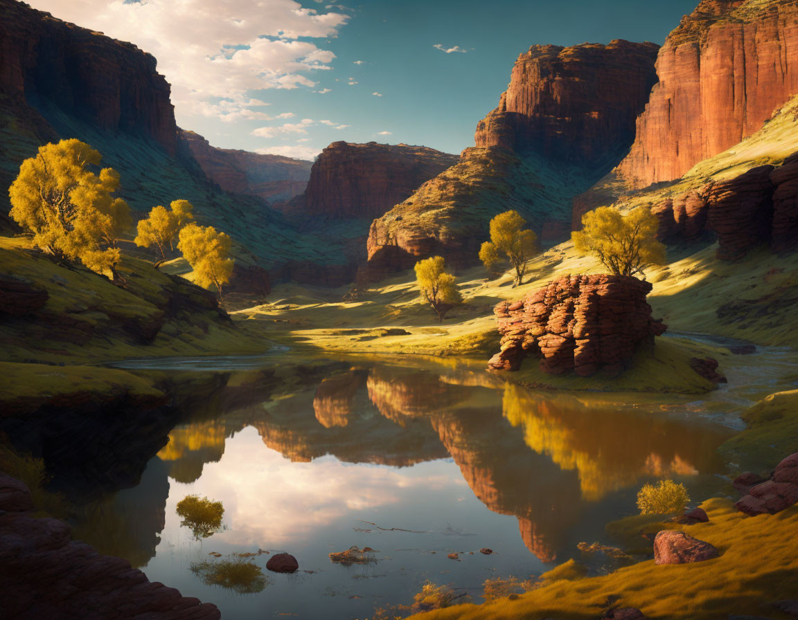 Tranquil river with golden foliage and red canyon walls