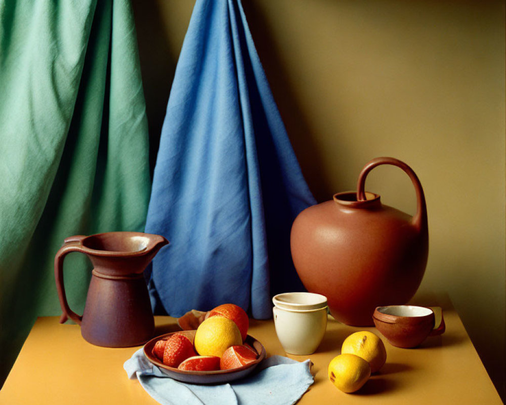 Still life composition with terracotta jug, pitcher, fruit, cups, and draped fabrics