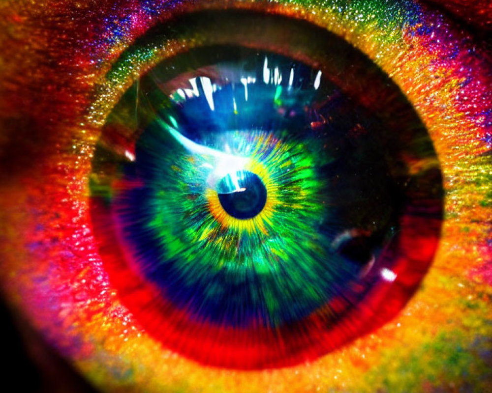 Detailed close-up of vibrant multicolored human iris with intricate patterns and dark pupil